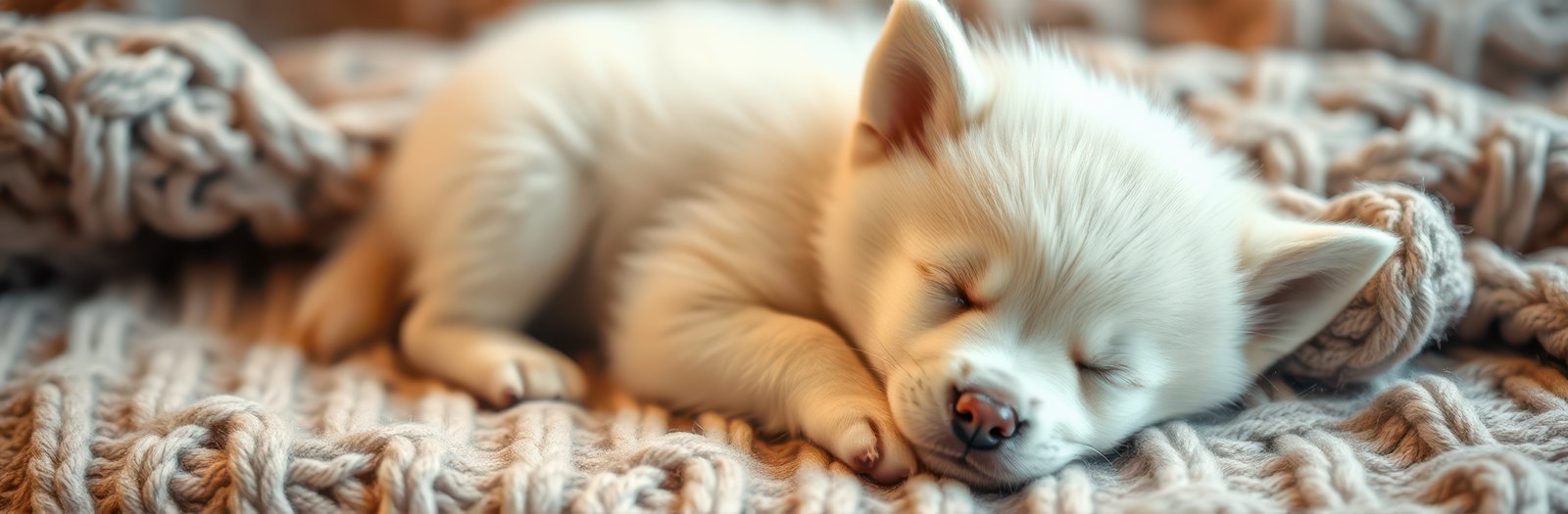 Cute White Puppy Sleeping on Knitted Blanket - Adorable Furry Pet Portrait in Cozy Scene